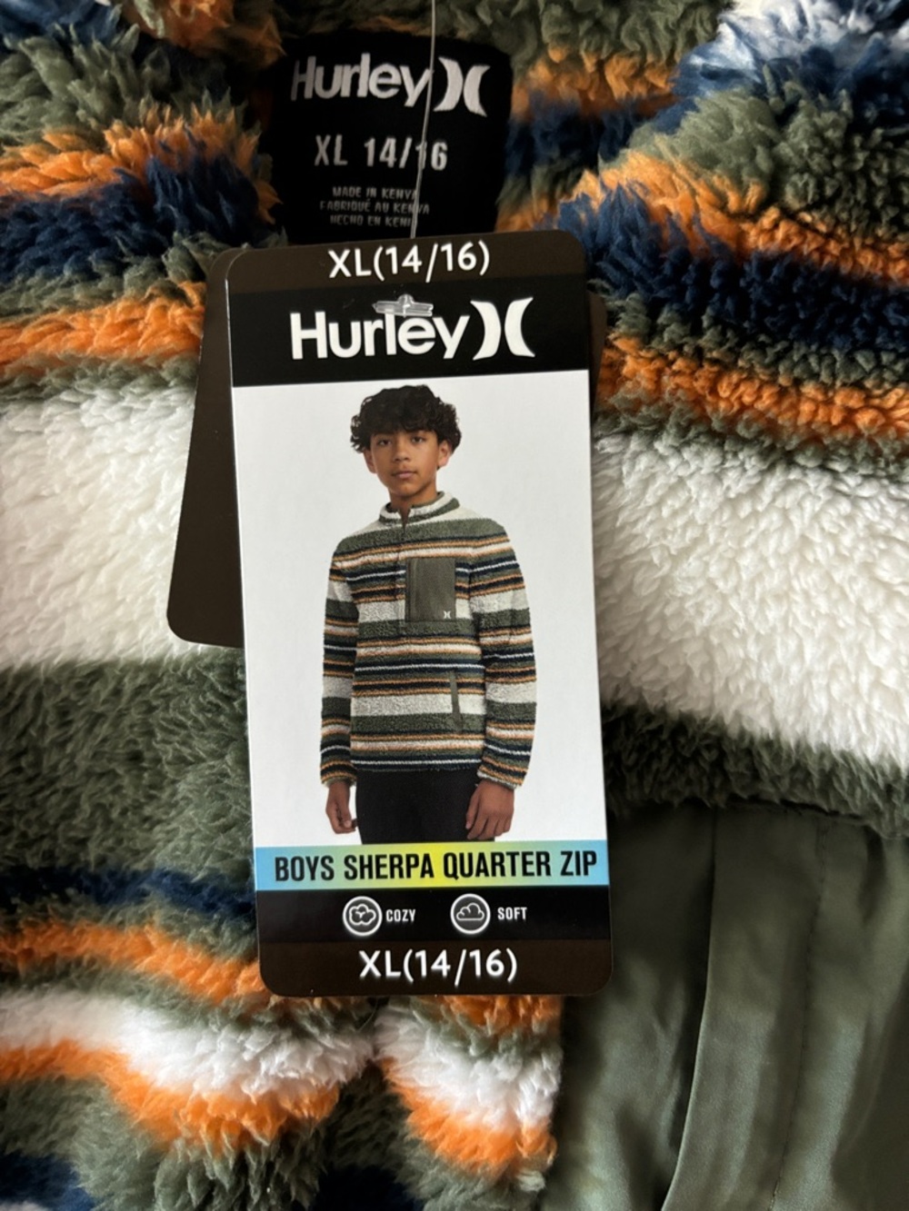 Hurley Boys Striped Sherpa Quarter-Zip Pullover - Olive, Navy, White, Orange - Picture 2 of 5
